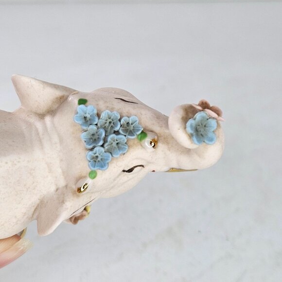 Vintage Walker Renaker Pink Bisque Elephant Figurine Gold Accents Flowers - Picture 10 of 13